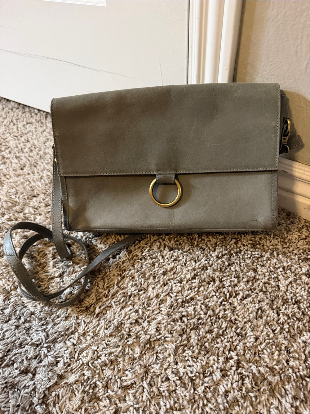 Classic Grey Crossbody Bag with Gold Ring Accent